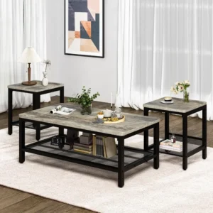 Lamerge 3 Pieces Living Room Table Set, Industrial Coffee Table with 2 Square End Side Tables, Coffee Table Set with Metal Frame
